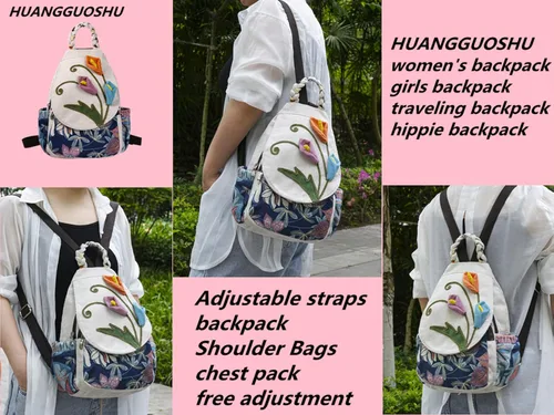 Vista 132 de HUANGGUOSHU Mochila de algodón tejida de algodón bohemio con bordado de lona estilo bohemio con múltiples bolsillos retro linda mochila cartera