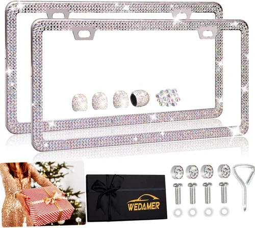 Vista 11 de WEDAMER Paquete de 2 marcos de matrícula negros para mujer, marco de matrícula con diamantes de imitación brillantes con purpurina deslumbrante