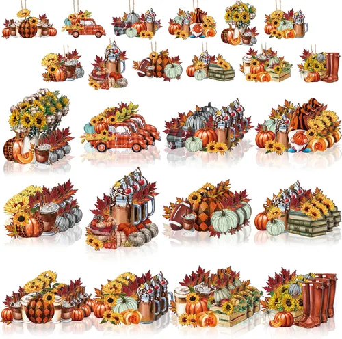 Vista 9 de FairySandy 36 piezas de decoración y adornos de árbol de otoño, gnomos de Acción de Gracias, adornos colgantes de madera, calabazas, hojas, flores