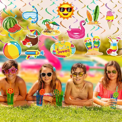 Vista 6 de Pajean 30 espirales colgantes de verano para fiesta en la piscina, decoraciones colgantes de techo de verano, decoraciones de remolinos colgantes