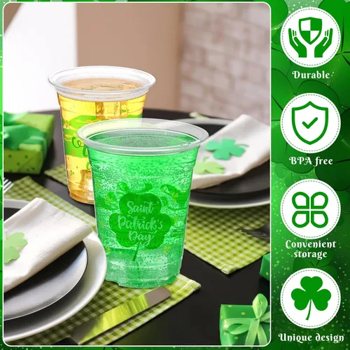 Vista 3 de Aoriher 100 tazas de trébol del día de San Patricio de 12 onzas desechables de plástico para feliz día de San Patricio, tazas verdes transparentes