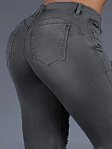 Vista 5 de Flamingals Jeans ajustados de tiro medio para mujer, elásticos, rasgados, con levantamiento de glúteos, desgastados, sexy, jeggings de mezclilla
