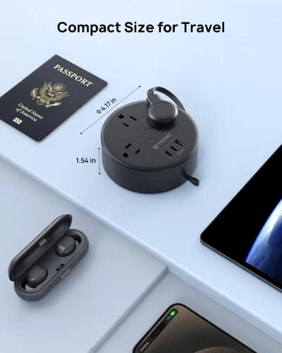 Vista 6 de TROND - Regleta de alimentación con cable de extensión retráctil - Regleta de alimentación de viaje con 3 tomas de CA, 3 puertos USB (2 USB C)