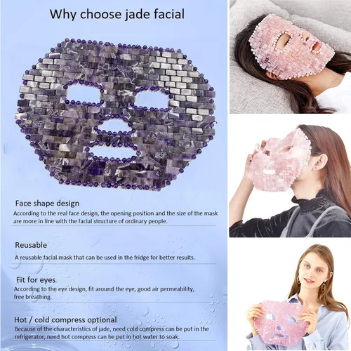 Vista 3 de Juego de máscaras faciales de jade natural con piedra de jade antienvejecimiento para dormir con máscara de ojos y rodillo de jade y Gua Sha Beauty