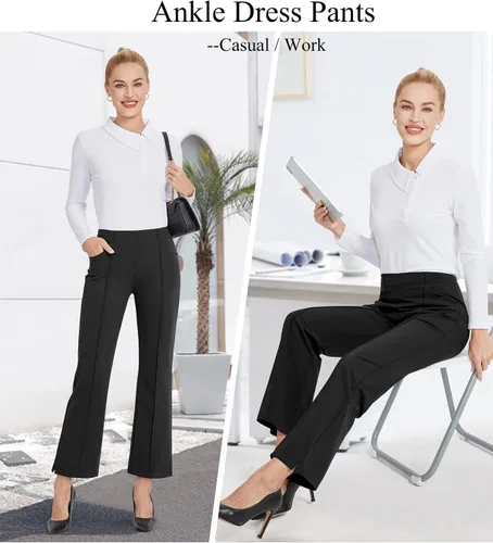 Vista 4 de G4Free Pantalones de vestir para mujer, elásticos, pantalones de trabajo de yoga, pierna ancha, pantalones casuales de negocios con bolsillos