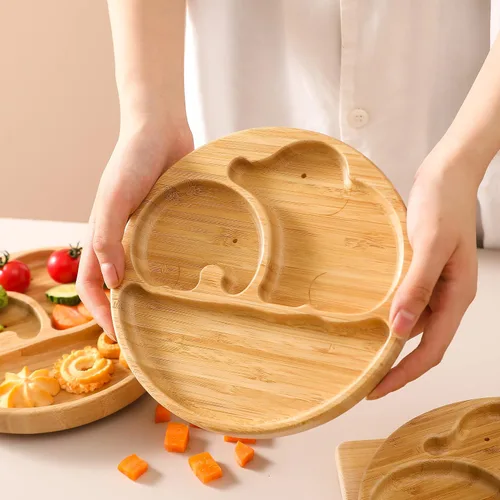 Vista 2 de Placas de succión para bebés y niños pequeños, platos de alimentación divididos de bambú con tenedor y cuchara de silicona, platos de comida