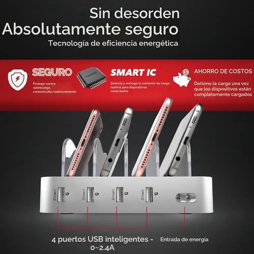 Vista 5 de Estación de carga de 4 puertos - Base de carga rápida para múltiples dispositivos Apple - Estación de carga USB para múltiples dispositivos Plateado