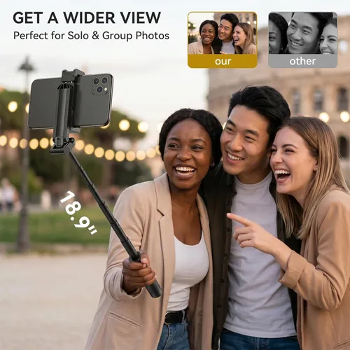 Vista 6 de UTEBIT Palo selfie de 18 pulgadas con control remoto inalámbrico, palo telescópico selfie extensible con control remoto Bluetooth, trípodes