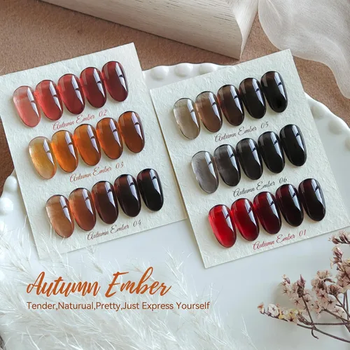 Vista 2 de Born Pretty Esmalte de uñas de gel de color ámbar cristal marrón naranja burdeos rojo negro para otoño e invierno, esmalte de uñas transparente