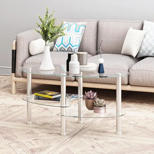 Vista 4 de Mesa auxiliar ovalada con almacenamiento, moderna mesa de cristal de 3 capas para sala de estar, transparente y transparente