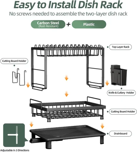Vista 6 de Escurridor de platos, escurridor de 2 niveles que ahorra espacio, escurridor de platos multifuncional para encimera de cocina con bandeja