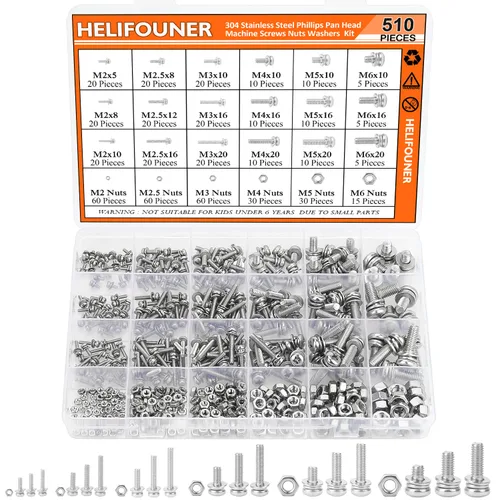 Vista 9 de HELIFOUNER 1280 piezas M2 M3 M4 M5 Phillips Tornillos de máquina de cabeza cacerola, arandelas planas y tuercas surtidas, acero inoxidable 304
