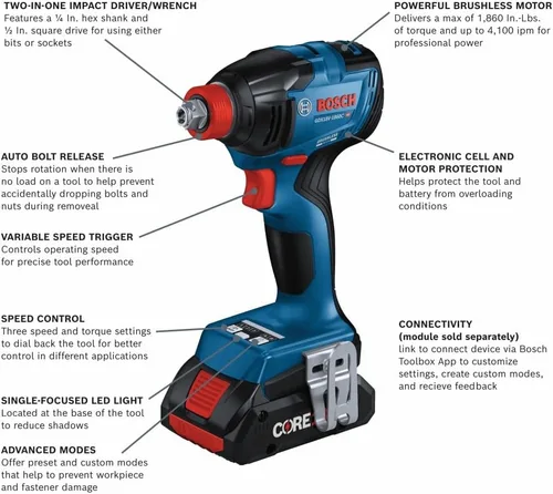Vista 2 de Bosch GXL18V-227B25 Kit combinado de 2 herramientas de 18 V con llave de impacto/llave conectada dos en uno dos en uno de 1/4 de pulgada y broca
