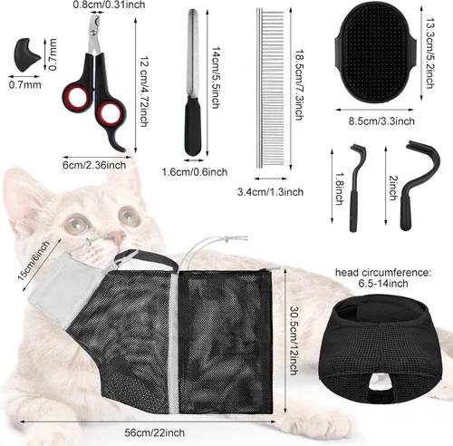 Vista 2 de Juego de 9 Piezas de Bolsa de Baño para Gatos, Bolsa de Ducha para Gatos Anti Mordeduras y Arañazos para Aseo de Mascotas, Cepillo de Lavado, Peine