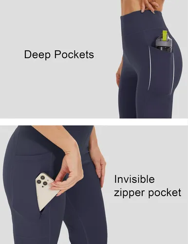 Vista 3 de SOOWOT Pantalones de yoga con forro polar para mujer, leggings acampanados de cintura alta, pantalones de yoga térmicos de invierno con bolsillos