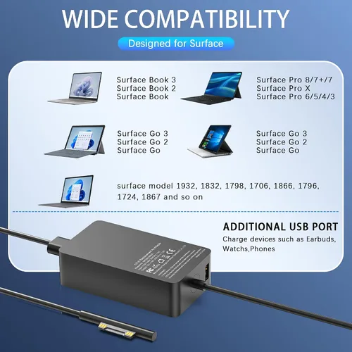 Vista 2 de Cargador Surface Book de 127 W compatible con Microsoft Surface Book 3 2 1, Surface Pro 10 9, 8, 7+, 7, 6, 5, 4, 3, X, Windows Surface Laptop/Go