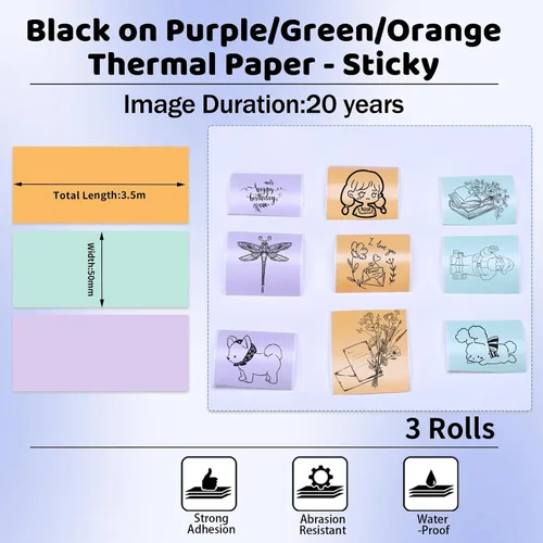 Vista 2 de Ponek Papel térmico púrpura/verde/naranja, papel de impresora adhesivo de 20 años de 1.76 pulgadas x 1.4 pies para diario, fotos, textos, notas
