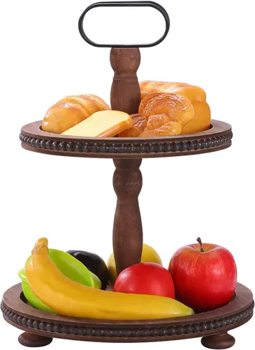 Vista 2 de Urban Deco Bandeja Decorativa de Madera de Dos Niveles Bandeja de Decoraciones Bandeja Redonda para Servir con Mango de Metal, Soporte de Madera