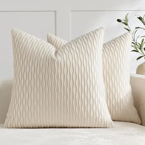 Vista 32 de DEZENE Fundas de almohada para sofá color marfil blanco: pack de 2 fundas de almohada cuadradas de terciopelo a rayas originales de 16x16 pulgadas