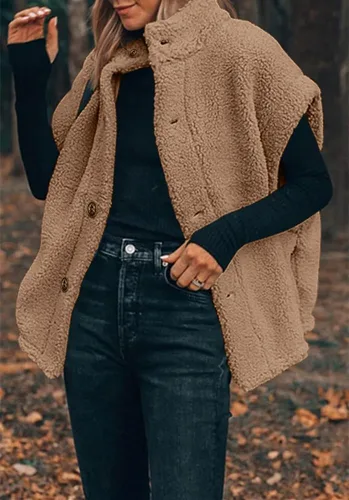 Vista 65 de Hongqizo - Chaleco de forro polar mullido para mujer, casual, de gran tamaño, cálido, con botones, chaqueta de sherpa con bolsillos