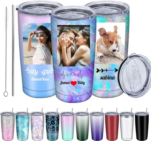 Vista 8 de Vaso personalizado con imagen con tapa y pajita, taza personalizada de 20 onzas, taza de café con texto y foto, taza personalizada de acero 4 Foto