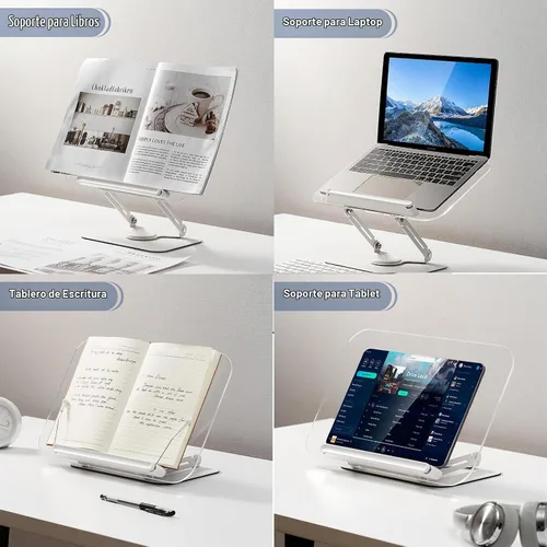 Vista 5 de BYMECOST Soporte de acrílico para lectura, soporte ajustable para libros con base giratoria de 360° y clips elásticos para páginas, soporte elevador