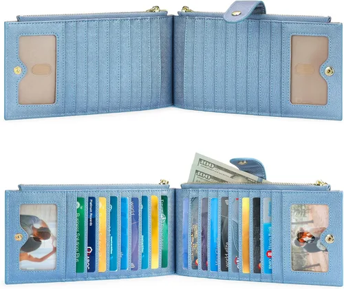 Vista 6 de GOIACII Cartera para mujer con bloqueo RFID plegable para tarjetas de crédito con 2 bolsillos con cremallera, B18 Azul perlado, Classic