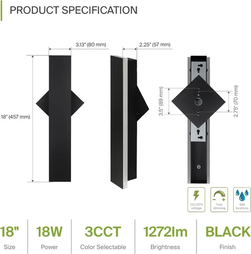 Vista 2 de ASD Lámpara LED de montaje en pared de 18 pulgadas de largo, aplique lineal para exteriores e interiores 3CCT, regulable, impermeable