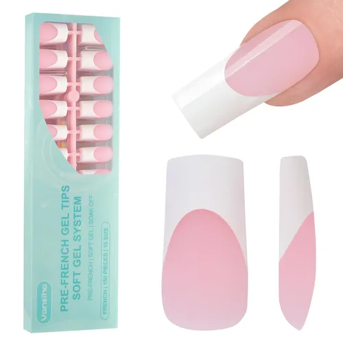 Vista 10 de Vansiho Uñas postizas de gel francés de almendra media, uñas suaves rosadas