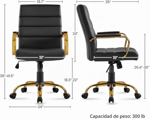 Vista 3 de Topeakmart - Silla de escritorio de oficina con brazos, respaldo medio, color negro y dorado, piel sintética