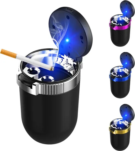 Vista 8 de Ohleats Cenicero de coche con tapa, cenicero desmontable de acero inoxidable con luz LED azul, cenicero portátil mini para vehículo, portavasos
