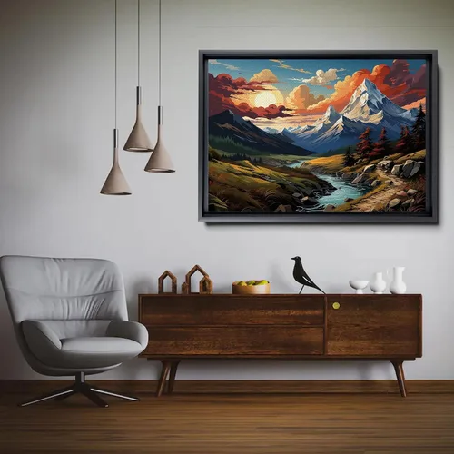 Vista 5 de Watercolor Panoramic Landscape Canvas Print, Framed Canvas, Colorful Nature Art