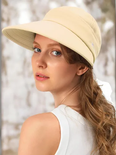 Vista 6 de Sombreros de sol para mujer, visera ancha con protección UV, doble propósito, para playa, verano, gorra plegable Beige