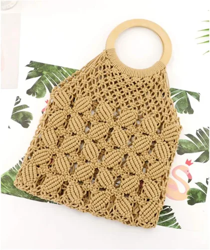 Vista 3 de Boho - Bolso de mano de algodón tejido a mano con mango redondo de madera (caqui), Blanco, caqui., 12.2''x 12.2