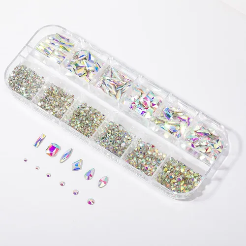Vista 5 de Kit de diamantes de imitación para uñas, 1500 piezas de diamantes de imitación redondos con parte trasera plana, gemas de uñas AB multiformas, 0.3