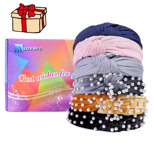 Vista 5 de LOVNFC Diademas para Mujeres 6 Piezas Bandas para la Cabeza Anudadas Antideslizantes de Moda para mujeres Niñas Anchas Nudo Superior Turbante Bandas