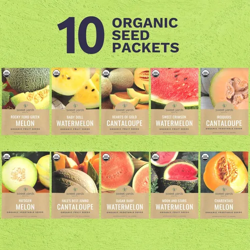 Vista 2 de Paquete variado de semillas de melón orgánico – 10 paquetes individuales – Temporada 2026 – Sugar Baby, Charentais, Hearts of Gold y mucho más