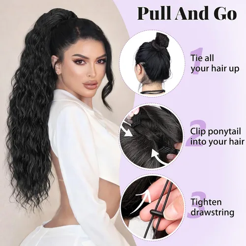Vista 4 de Extensión de cola de caballo con cordón, extensión de cola de caballo larga y rizada para mujeres negras, extensiones de cabello negro de 26