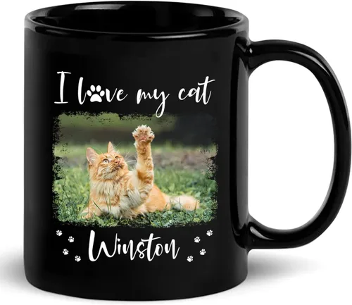 Vista 21 de Taza de cerámica negra personalizada para elegir nombre y foto con texto en inglés "Best Cat Dad Ever Just Ask", taza de café personalizada de 11