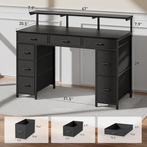 Vista 3 de HLDIRECT Escritorio de computadora de 47 pulgadas con 8 cajones de almacenamiento, escritorio para juegos con luces LED y tomas de corriente USB