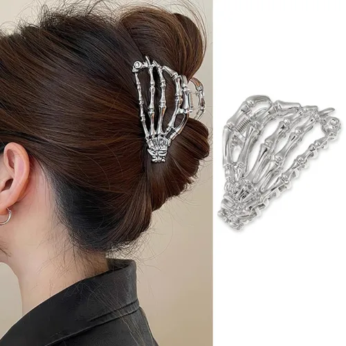 Vista 8 de AIUPUOC Pinza de pelo negro con diseño de calavera de esqueleto para peinar el cabello de mujer, pinzas de metal medianas, accesorios