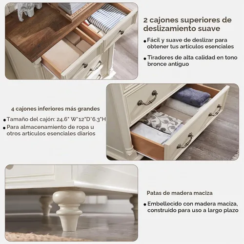 Vista 3 de T4TREAM Farmhouse - Cómoda de 6 cajones con patas de madera maciza, color blanco antiguo