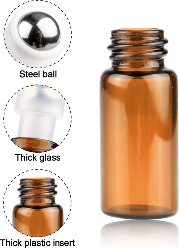 Vista 4 de Wresty 25 botellas enrollables de vidrio de aceite esencial, minúsculas botellas rellenables de perfume de aromaterapia líquido ámbar líquido