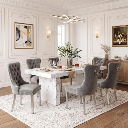Vista 18 de Ebullient 79" White Dining Table Set for 8, Faux Marble Table & 8 Chairs Cream Chairs