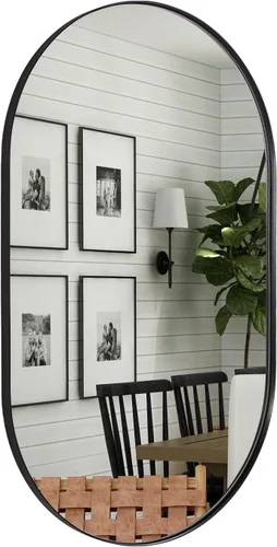 Vista 13 de ANDY STAR Espejo ovalado de 24x32 pulgadas, espejo ovalado negro de diseño en forma de píldora en marco de metal de acero inoxidable para baño