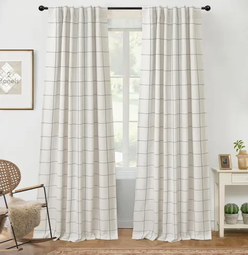 Vista 38 de DriftAway 2 paneles cortinas de lino a cuadros 100% opacas de doble capa cortinas para dormitorio de 96 pulgadas de largo estilo granja con Gris