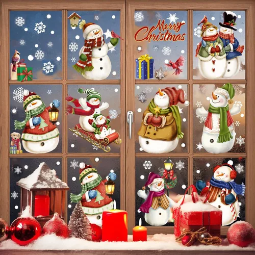 Vista 5 de 194 piezas de calcomanías de ventana de Navidad, copos de nieve y muñeco de nieve para ventanas de vidrio, decoraciones de Navidad para interiores