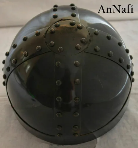 Vista 4 de AnNafi Casco de máscara vikingo medieval antiguo chapado en negro Yelmo de soldado de alta calidad para adultos con forro y correa Disfraces