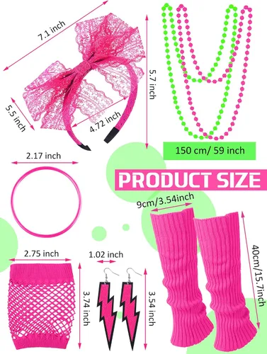 Vista 3 de Vabean Juego de 19 piezas de disfraz de los años 80, camiseta, leggings, falda tutú, diadema, collar, pulseras, aretes, guantes, calentadores