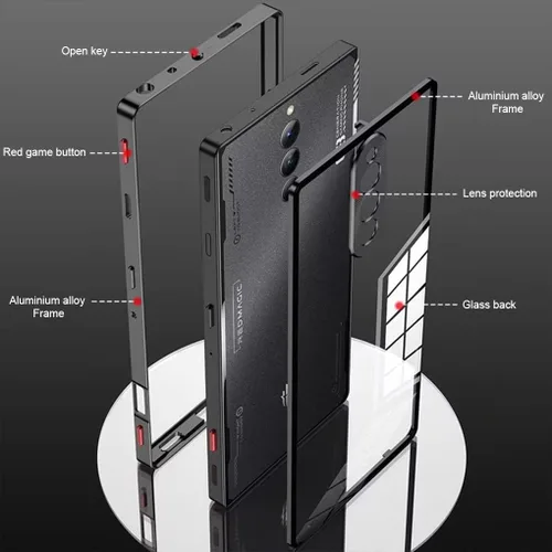 Vista 3 de QUIETIP Funda compatible con Red Magic 8 Pro / 8S Pro con protector de pantalla, marco de metal + cubierta trasera de vidrio templado transparente